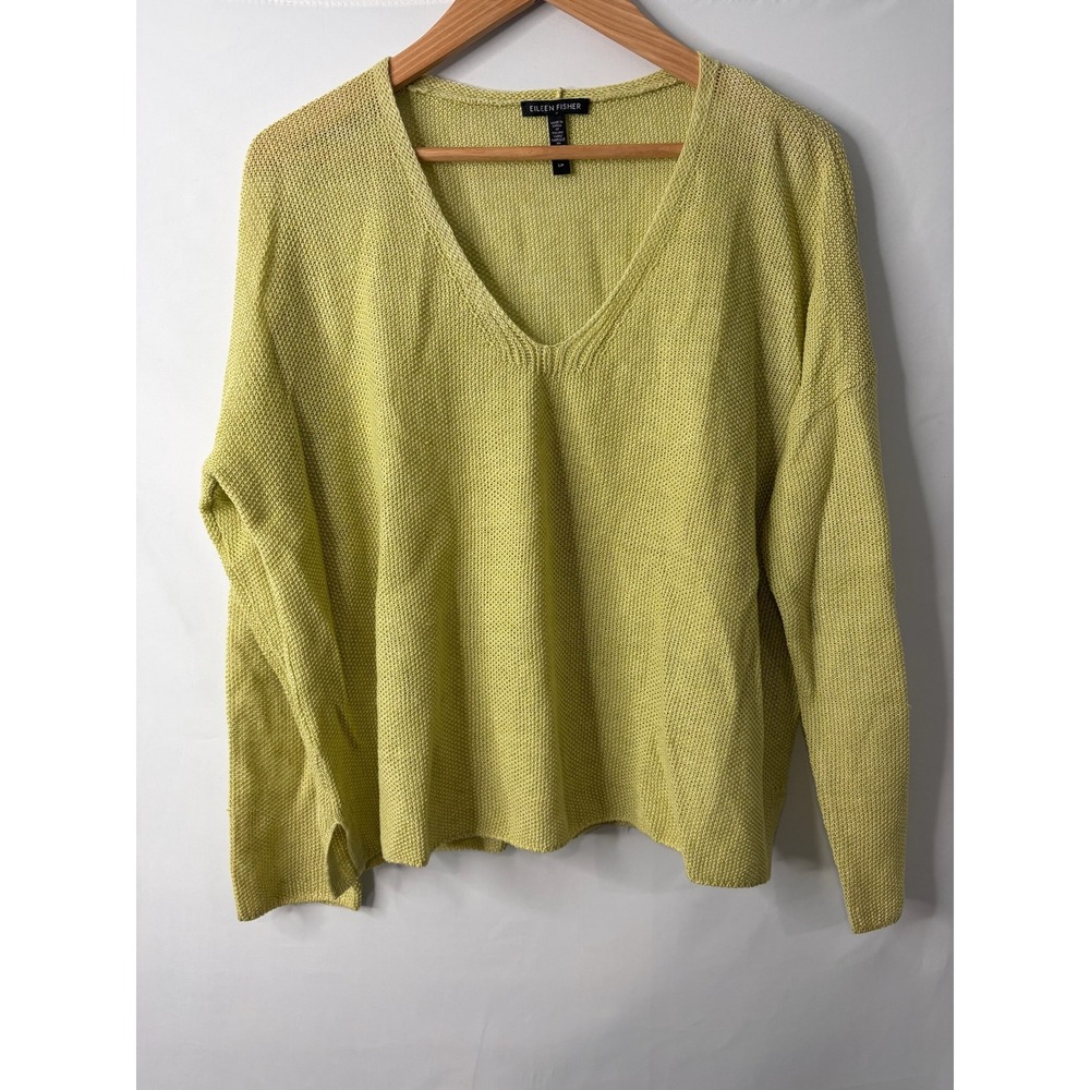 Eileen Fisher Organic Linen V-Neck Sweater Chartreuse Green Womens Small S/P